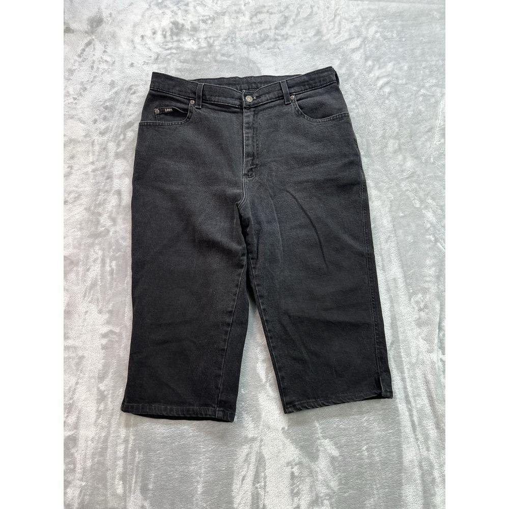 Lee Jeans Women Sz 14‎ M Black Capri Crop Split Cuff Y2K Stretch Beach Walking